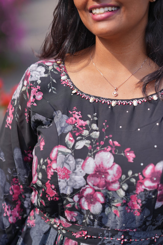 Black Florals Yellow Georgette Premium Maxi