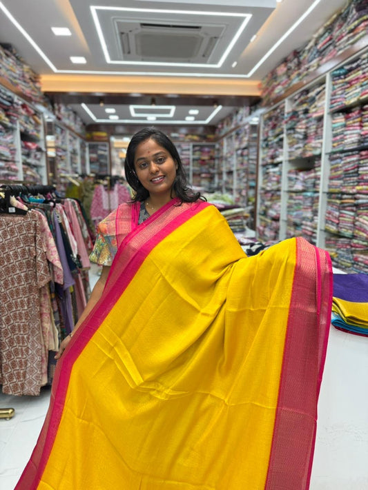 Zari Woven Vairaoosi Yellow Pink Border Banarasi Fancy Silk Saree