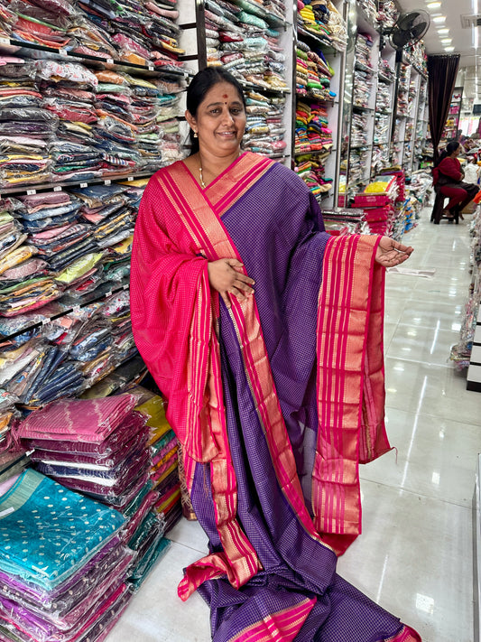 Pure Checks Silk Saree Purple - M001