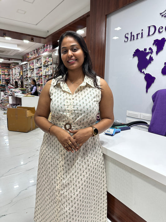 Sleeveless Jaipur Cotton Midi dress white - SLJ03