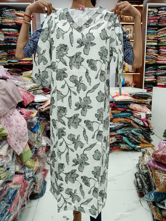 Spun Cotton Kurti - Grey Leaves
