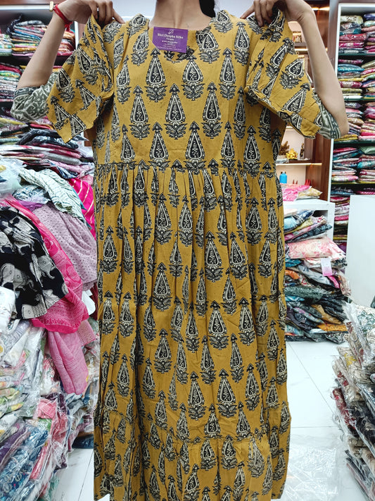 Kalamkari Cotton Puff Midi Mustard Thilak
