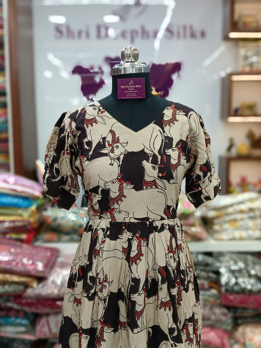 Kalamkari Cotton Puff Midi - Black - YWKK20