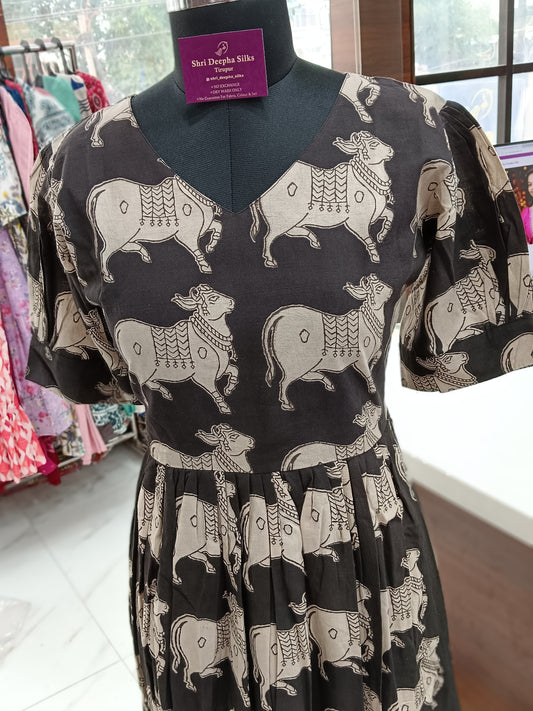 Kalamkari Cotton Puff Midi  - Black Cow
