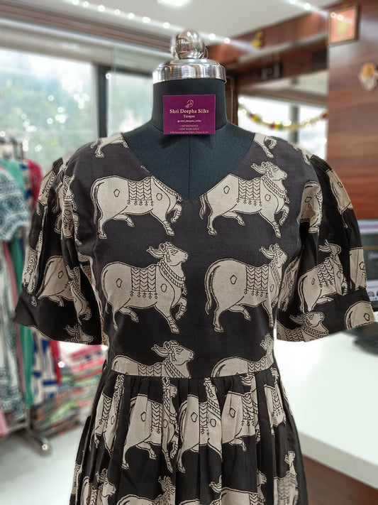 Kalamkari Cotton Puff Midi - Black Cow KKMD05