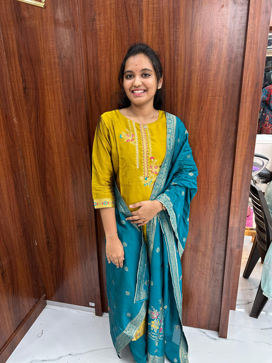 3Pcs Mustard Peacock Silk Salwar Set - NVES01