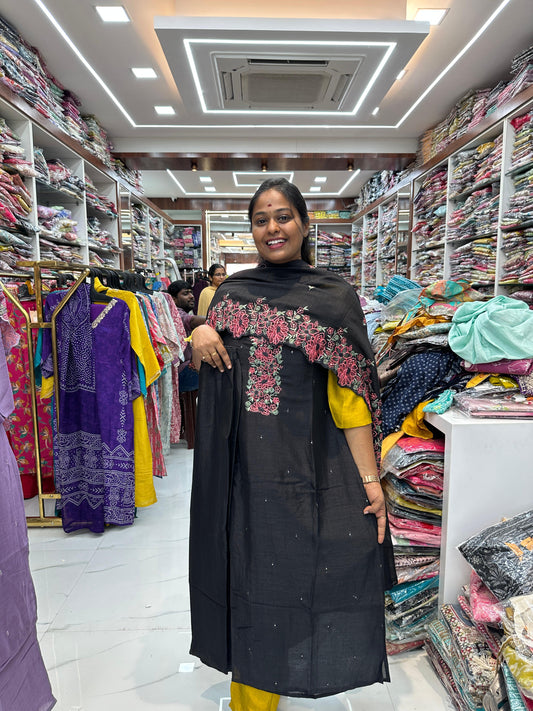 AN03 - Premium Silk 3Pcs Black Party wear Salwar Set