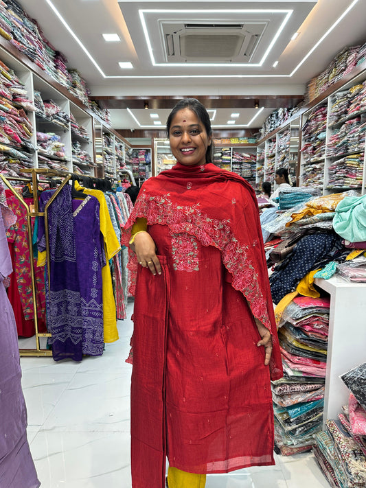 AN05 - Premium Silk 3Pcs Red Party wear Salwar Set