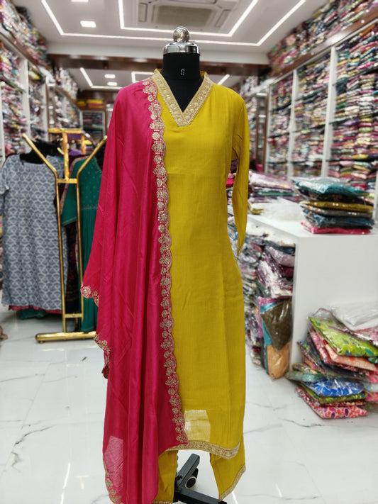 Premium Party Wear V Neck Golden Embroidery 3 Pcs Salwar Set