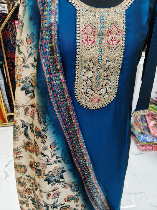 Premium Party Wear Dark Blue Digital Print 3 Pcs Salwar Set