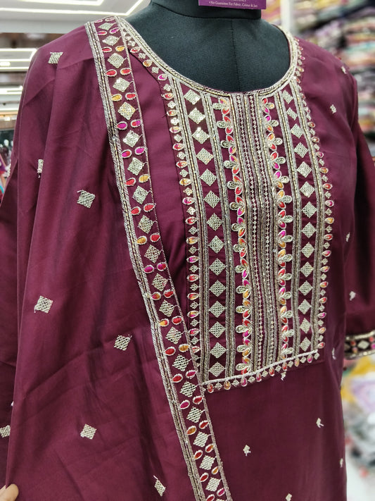 Premium Party Wear Marron Embroidery 3 Pcs Salwar Set