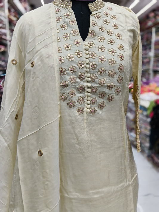 Premium Party Wear Cream Collar Neck 3 Pcs Salwar Set