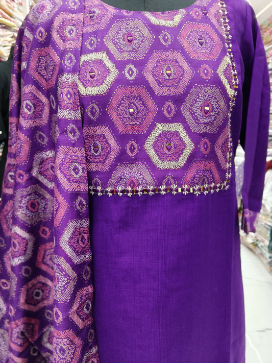 Premium Party Wear Rich Purple Banarasi 3 Pcs Salwar Set