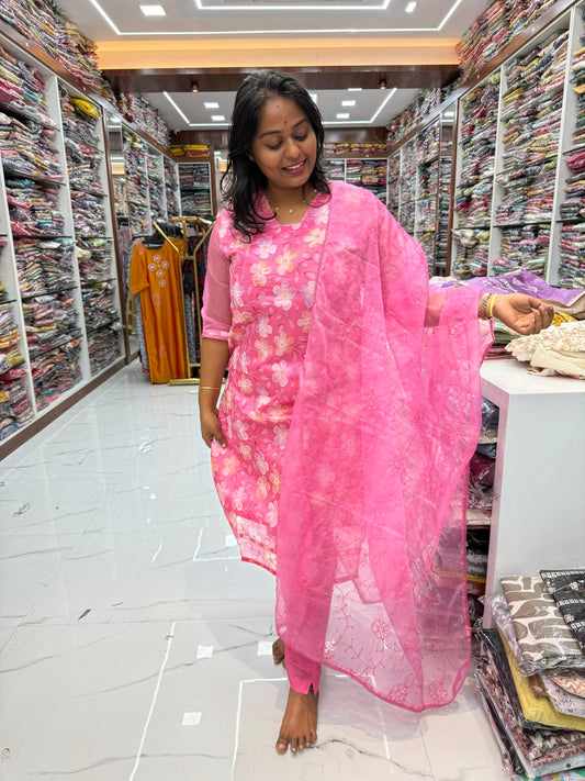 Premium Party Wear Pure Organza Pink Thread Embroidery 3 Pcs Salwar Set