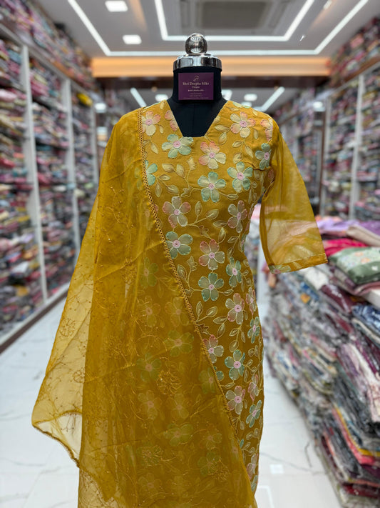 Premium Party Wear Pure Organza Mustard Thread Embroidery 3 Pcs Salwar Set - PSS01