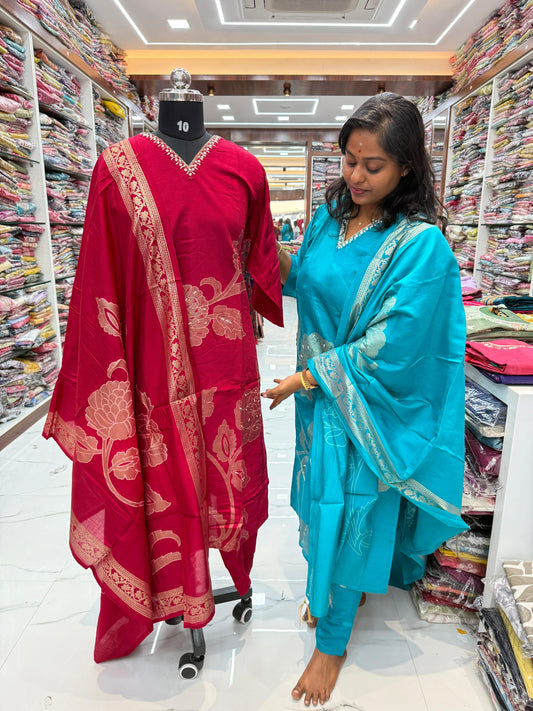 Premium Party Wear Rani Pink Thread Embroidery 3 Pcs Salwar Set