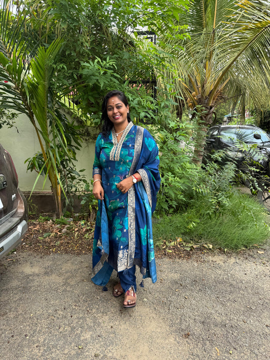 Premium Party Wear Pure Muslin Silk Blue 3 Pcs Salwar Set