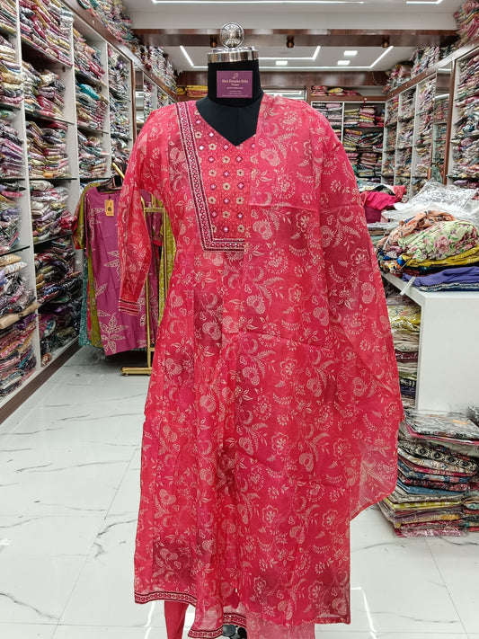 Premium Party Wear Fluorescent Peach 3 Pcs Anarkali Set