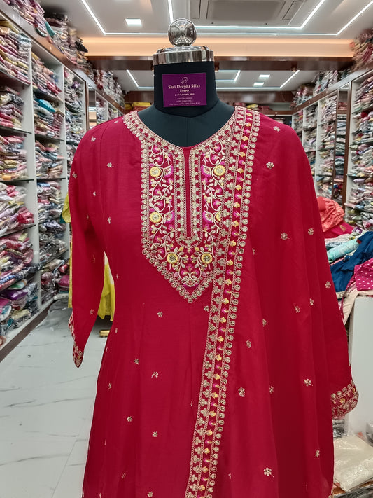 Premium Party Wear Rani Pink 3 Pcs Anarkali Set