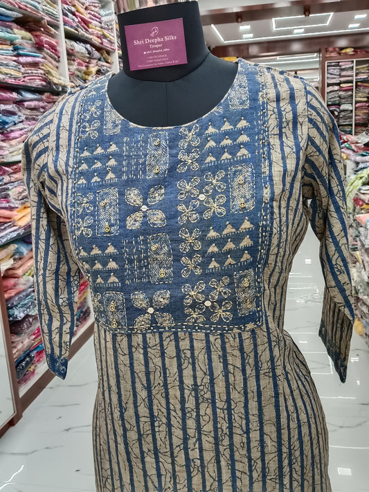 Linen Cotton Grey Line Kurti - LC17