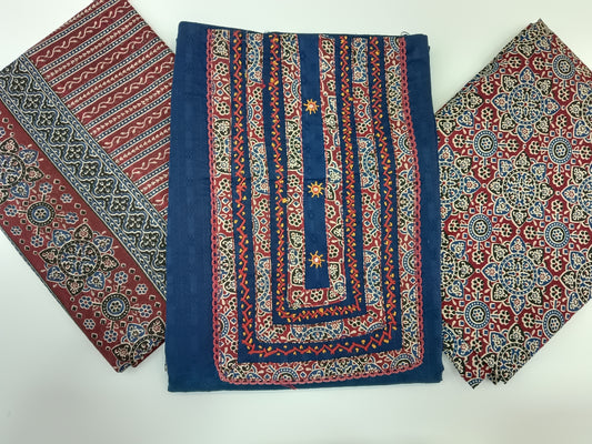 Pure Cotton Denim Blue Ajrakh Print Unstitched Salwar Material
