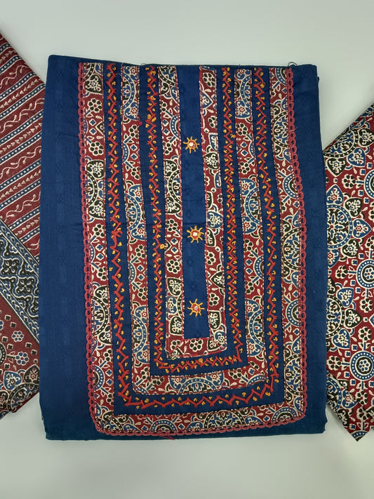 Pure Cotton Denim Blue Ajrakh Print Unstitched Salwar Material