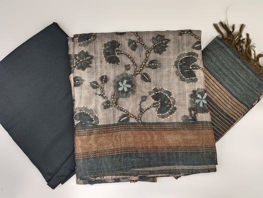 Chanderi Silk Thread Embroidered Unstitched Salwar Material with Zari Border