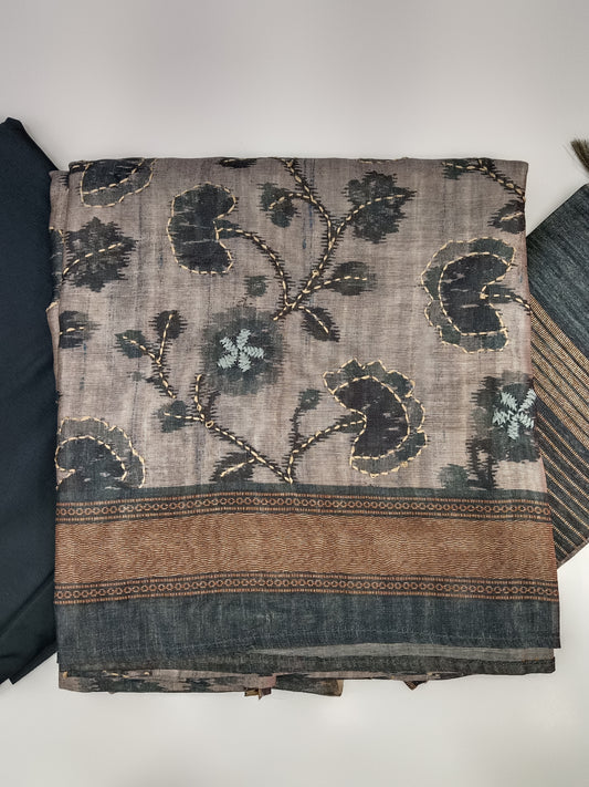 Chanderi Silk Thread Embroidered Unstitched Salwar Material with Zari Border