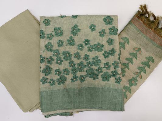 Chanderi Silk Thread Embroidered Unstitched Salwar Material with Zari Border