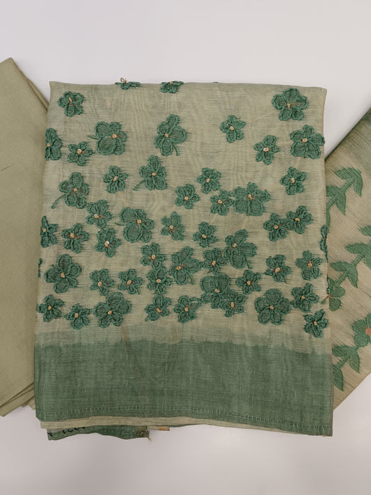 Chanderi Silk Thread Embroidered Unstitched Salwar Material with Zari Border