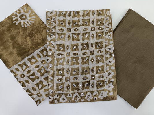 Olive Green Batik Print Mirror Work Unstitched Salwar Material