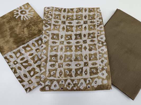 Olive Green Batik Print Mirror Work Unstitched Salwar Material