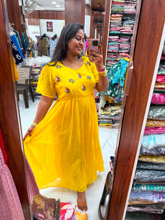 Mul Mul Cotton Hand Embroidery Bead Work Yellow (Manchal) Maxi - MCMX01