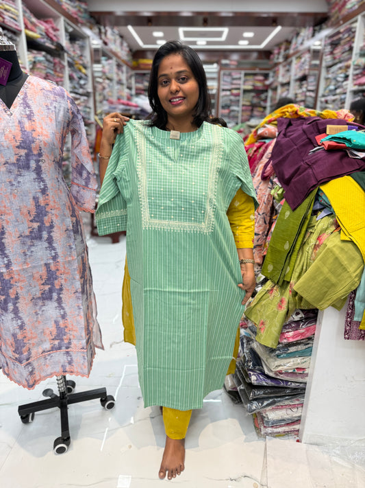 Premium Khadi Cotton Green Checks Kurti - KC03