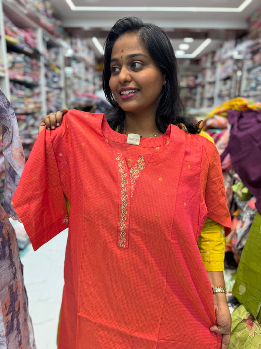 Premium Chanderi Cotton Peach Kurti - KC06