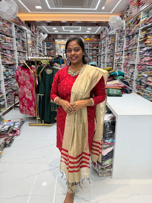 Red Silk Butta 3 Pcs Salwar Set - SBSS02