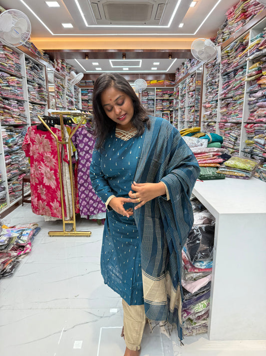 Peacock Blue Silk Butta 3 Pcs Salwar Set - SBSS03