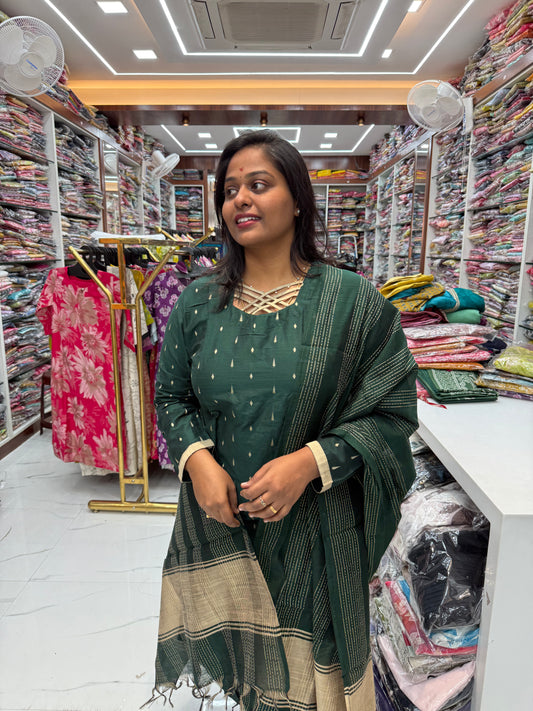 Bottle Green Silk Butta 3 Pcs Salwar Set - SBSS04