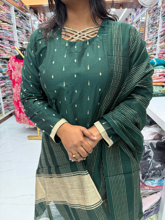 Bottle Green Silk Butta 3 Pcs Salwar Set - SBSS04