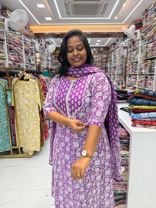 Pure Cotton 3 Pcs Anarkali Set - AS03