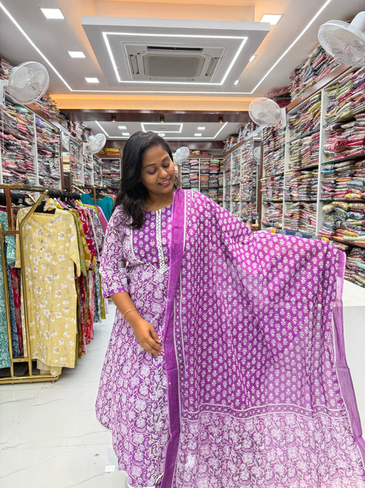 Pure Cotton 3 Pcs Anarkali Set - AS03