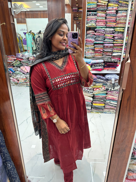 Pure Cotton 3 Pcs Anarkali Set - AS01