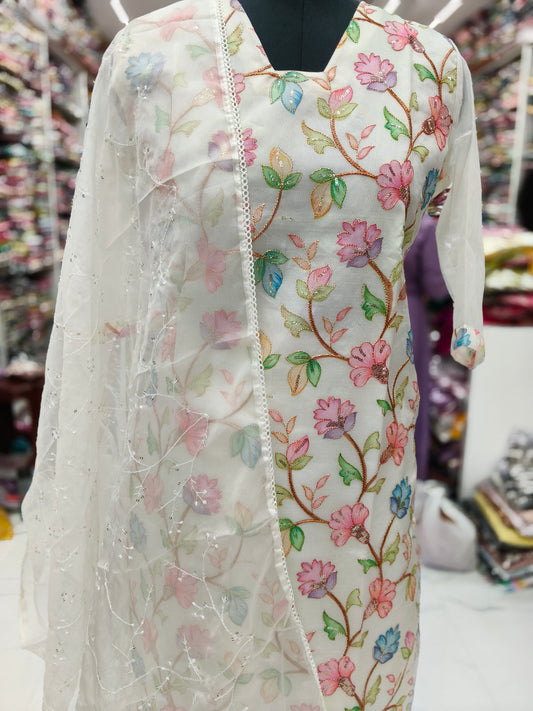 Premium Party Wear Pure White Organza 3 Pcs Salwar Set - PSS04