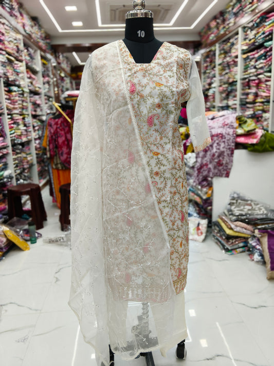 Premium Party Wear Pure White Organza 3 Pcs Salwar Set