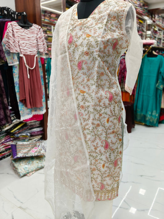 Premium Party Wear Pure White Organza 3 Pcs Salwar Set - PSS03