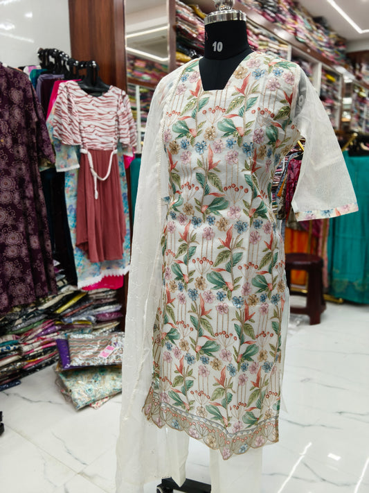 Premium Party Wear Pure White Organza 3 Pcs Salwar Set