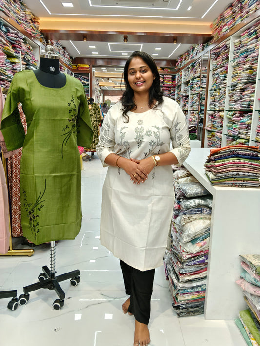 Budget Linen Cotton Kurti Cream - BLK01