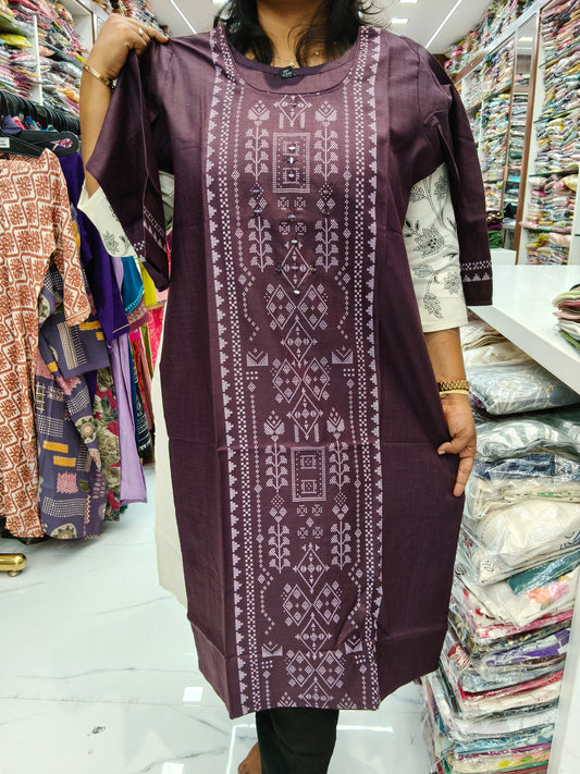 Budget Linen Cotton Kurti Wine - BLK06