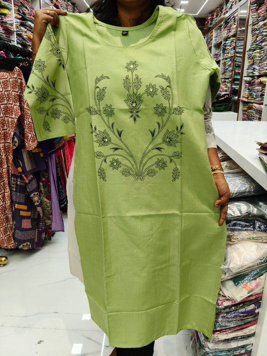 Budget Linen Cotton Kurti Leaf Green - BLK09