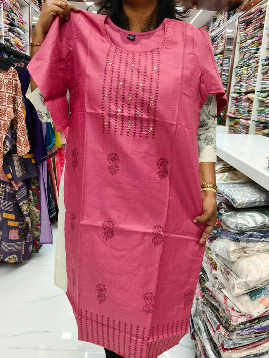Budget Linen Cotton Kurti Pink - BLK11